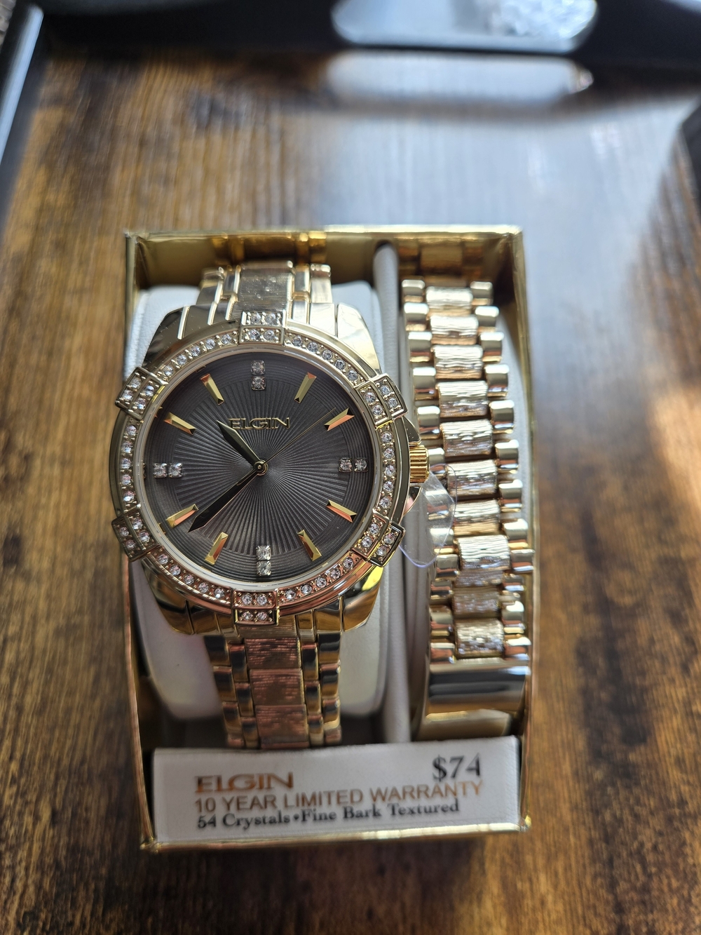Elgin Gold Analog Wristwatch & Bracelet Set with Crystals, Men's